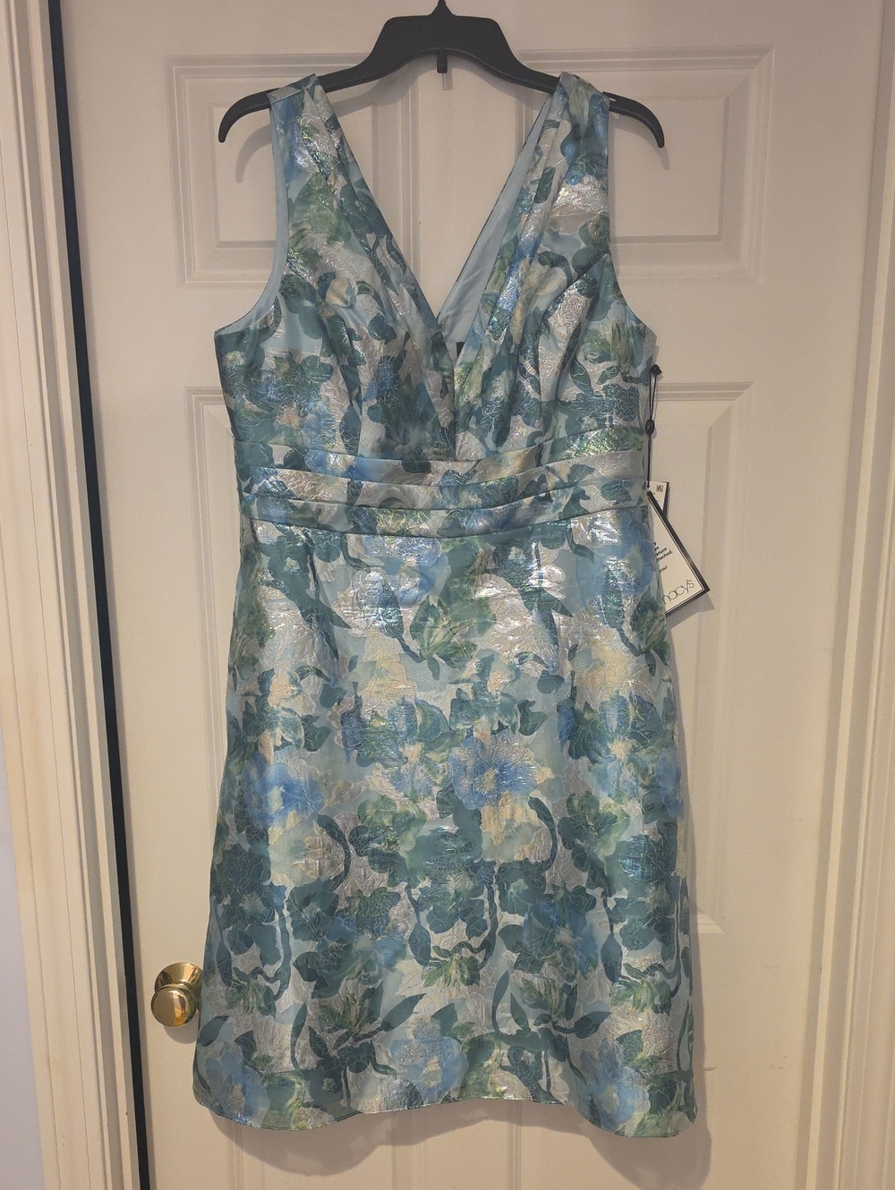 Adrianna Papell Blue and Green Floral V-Neck Midi Dress